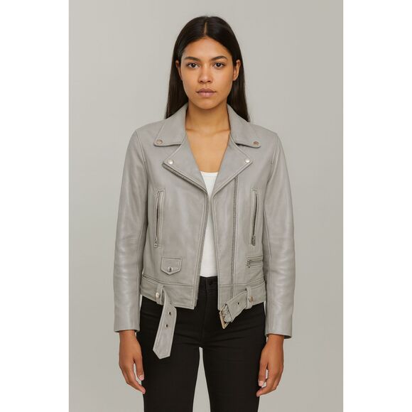 ACNE STUDIOS Leather Moto Jacket Grey Sz 38 (US 6) - Picture 1 of 8